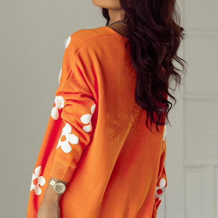 Floral Print Knitted Cardigan Women's Casual Loose Mid-Length Cardigan Sweater