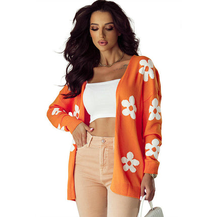 Floral Print Knitted Cardigan Women's Casual Loose Mid-Length Cardigan Sweater