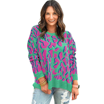 Women's round neck contrast color long sleeve top casual printed sweater