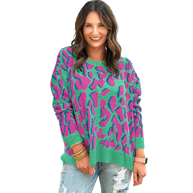 Women's round neck contrast color long sleeve top casual printed sweater