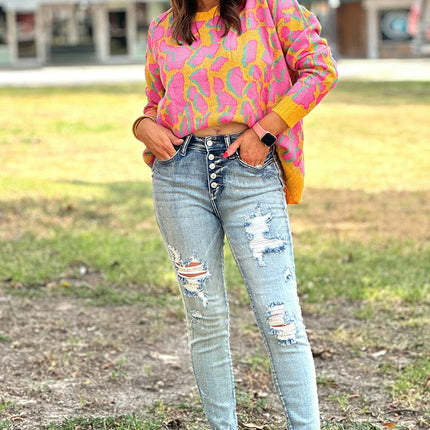 Women's round neck contrast color long sleeve top casual printed sweater