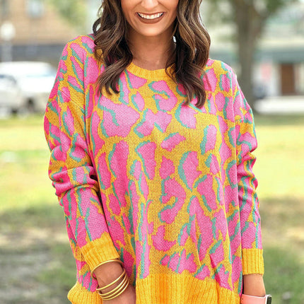 Women's round neck contrast color long sleeve top casual printed sweater