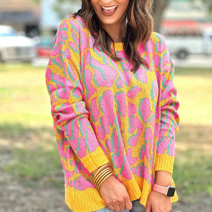 Women's round neck contrast color long sleeve top casual printed sweater