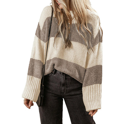 Women's Round Neck Pullover Top Long Sleeve Lazy Striped Contrast Color Sweater