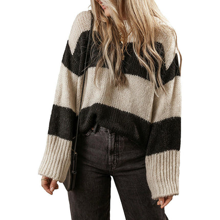 Women's Round Neck Pullover Top Long Sleeve Lazy Striped Contrast Color Sweater