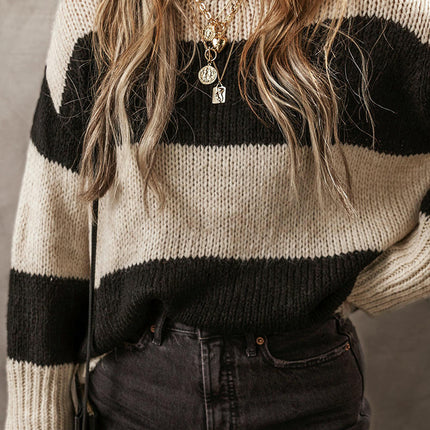 Women's Round Neck Pullover Top Long Sleeve Lazy Striped Contrast Color Sweater