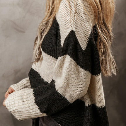 Women's Round Neck Pullover Top Long Sleeve Lazy Striped Contrast Color Sweater