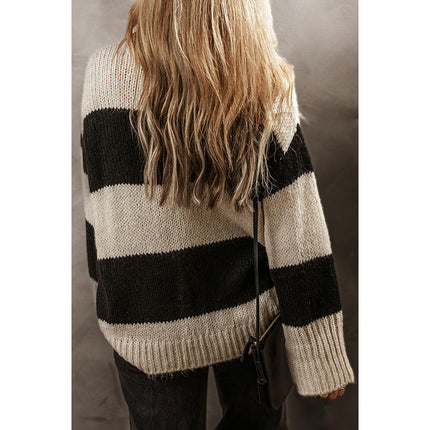 Women's Round Neck Pullover Top Long Sleeve Lazy Striped Contrast Color Sweater