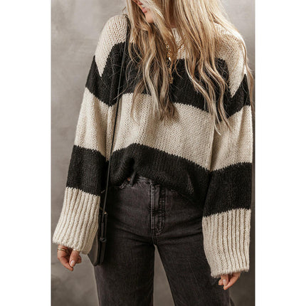 Women's Round Neck Pullover Top Long Sleeve Lazy Striped Contrast Color Sweater