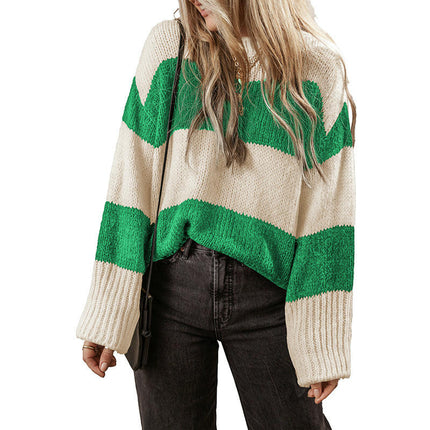 Women's Round Neck Pullover Top Long Sleeve Lazy Striped Contrast Color Sweater