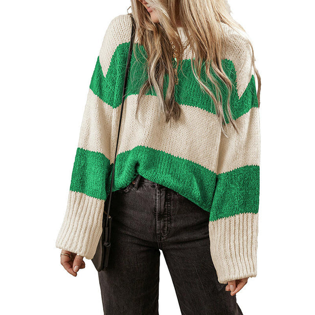 Women's Round Neck Pullover Top Long Sleeve Lazy Striped Contrast Color Sweater