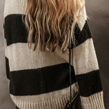 Women's Round Neck Pullover Top Long Sleeve Lazy Striped Contrast Color Sweater