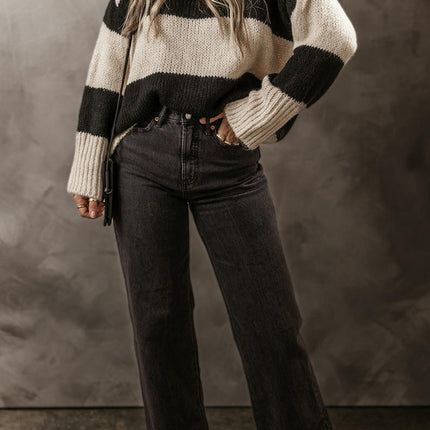 Women's Round Neck Pullover Top Long Sleeve Lazy Striped Contrast Color Sweater