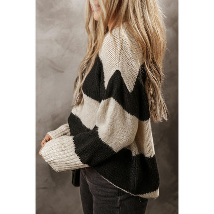 Women's Round Neck Pullover Top Long Sleeve Lazy Striped Contrast Color Sweater