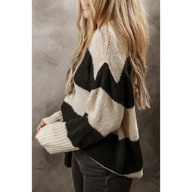 Women's Round Neck Pullover Top Long Sleeve Lazy Striped Contrast Color Sweater