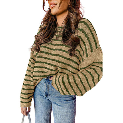 Casual Loose Warm Knitted Pullover Women's Striped Stitching Round Neck Sweater