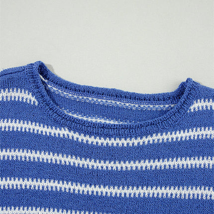 Casual Loose Warm Knitted Pullover Women's Striped Stitching Round Neck Sweater