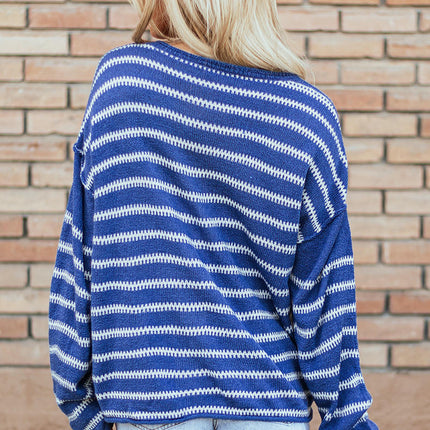 Casual Loose Warm Knitted Pullover Women's Striped Stitching Round Neck Sweater