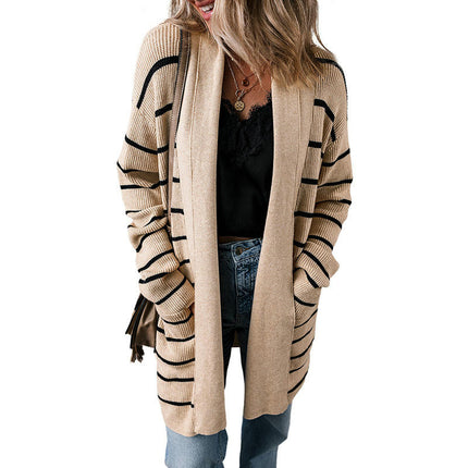 Striped Colorblock Warm Cardigan Sweater Women's Casual Loose Knitted Cardigan