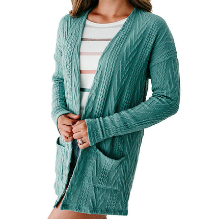 Women's Solid Color Long Sleeve Cardigan Simple Texture Pocket Knitted Cardigan