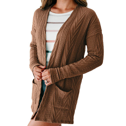 Women's Solid Color Long Sleeve Cardigan Simple Texture Pocket Knitted Cardigan