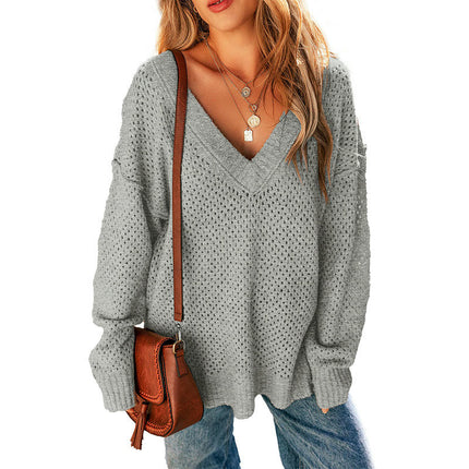 Women's Solid Color Long-Sleeved Tops Simple Casual Loose V-Neck Knitted Sweater