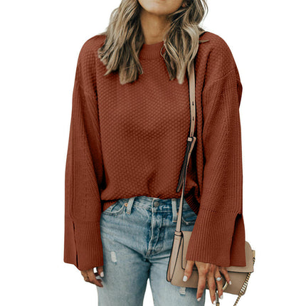 Women's Solid Color Round Neck Pullover Knitted Top Long Sleeve Warm Sweater