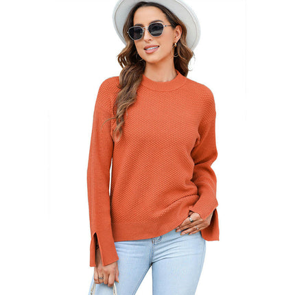 Women's Solid Color Round Neck Pullover Knitted Top Long Sleeve Warm Sweater