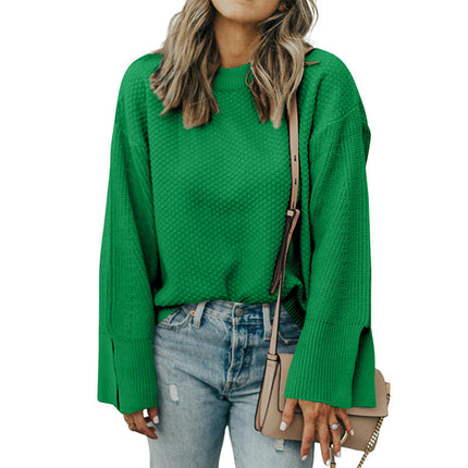 Women's Solid Color Round Neck Pullover Knitted Top Long Sleeve Warm Sweater