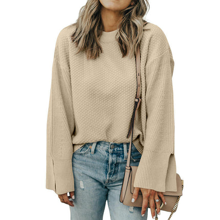 Women's Solid Color Round Neck Pullover Knitted Top Long Sleeve Warm Sweater