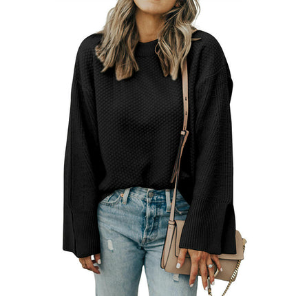 Women's Solid Color Round Neck Pullover Knitted Top Long Sleeve Warm Sweater