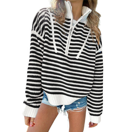 Women's Striped Pullover Sweater 1/4 Zipper Stand Collar Knitted Cardigan