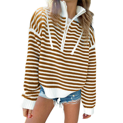 Women's Striped Pullover Sweater 1/4 Zipper Stand Collar Knitted Cardigan