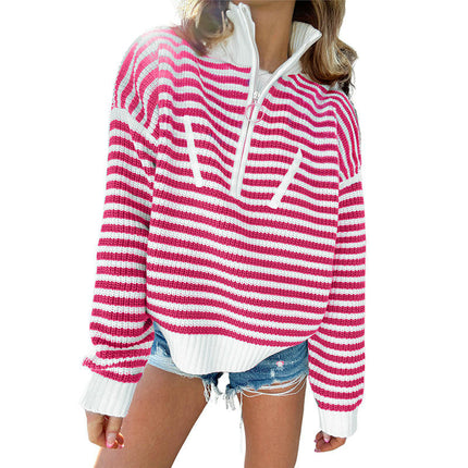 Women's Striped Pullover Sweater 1/4 Zipper Stand Collar Knitted Cardigan