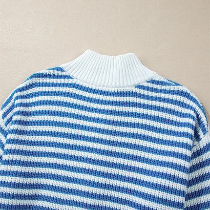 Women's Striped Pullover Sweater 1/4 Zipper Stand Collar Knitted Cardigan
