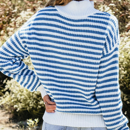 Women's Striped Pullover Sweater 1/4 Zipper Stand Collar Knitted Cardigan