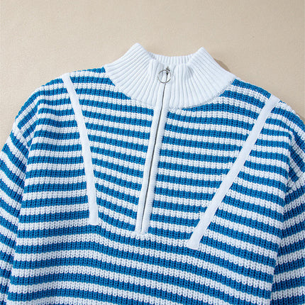 Women's Striped Pullover Sweater 1/4 Zipper Stand Collar Knitted Cardigan