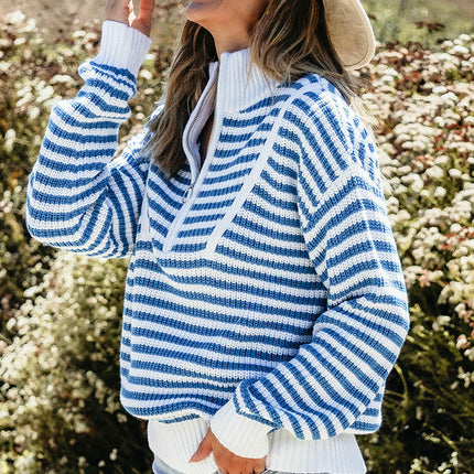Women's Striped Pullover Sweater 1/4 Zipper Stand Collar Knitted Cardigan