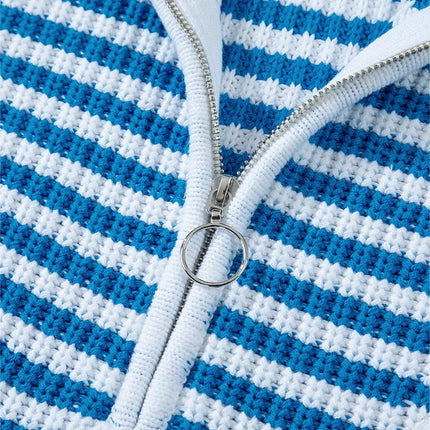Women's Striped Pullover Sweater 1/4 Zipper Stand Collar Knitted Cardigan