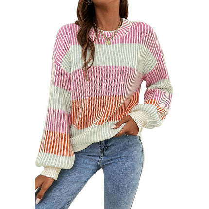 Women's Casual Round Neck Pullover Top Thick Warm Color Matching Sweater
