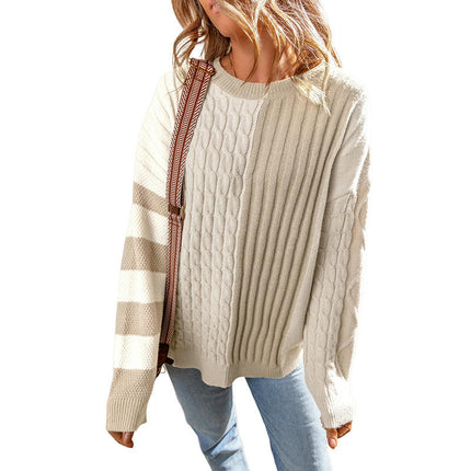 Women's Twisted Textured Round Neck Sweater Colorblock Drop Shoulder Pullover