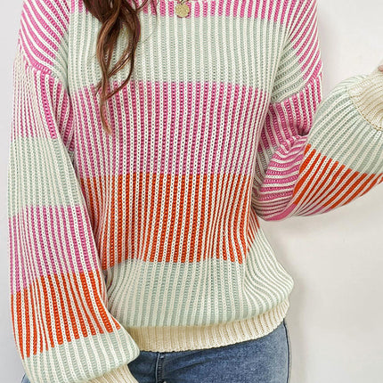 Women's Casual Round Neck Pullover Top Thick Warm Color Matching Sweater