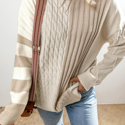 Women's Twisted Textured Round Neck Sweater Colorblock Drop Shoulder Pullover