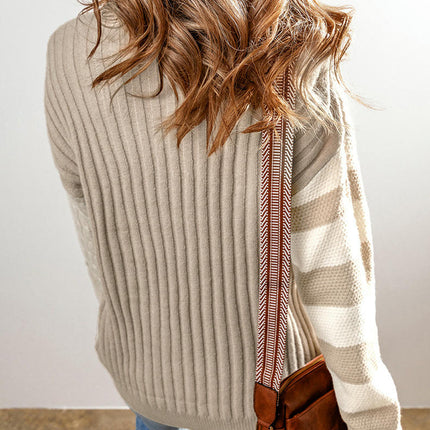 Women's Twisted Textured Round Neck Sweater Colorblock Drop Shoulder Pullover