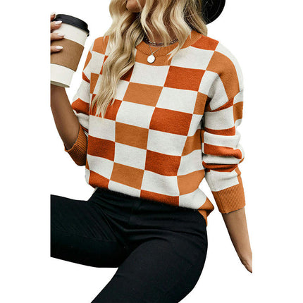 Colorblock Plaid Round Neck Sweater Women's Casual Warm Long Sleeve Knitted Top