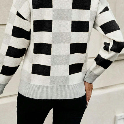 Colorblock Plaid Round Neck Sweater Women's Casual Warm Long Sleeve Knitted Top