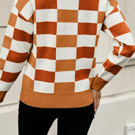 Colorblock Plaid Round Neck Sweater Women's Casual Warm Long Sleeve Knitted Top