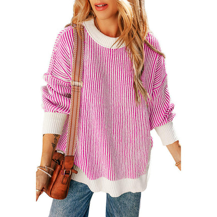 Women's Striped Contrast Color Warm Sweater Loose Long Sleeve Pullover Cardigan
