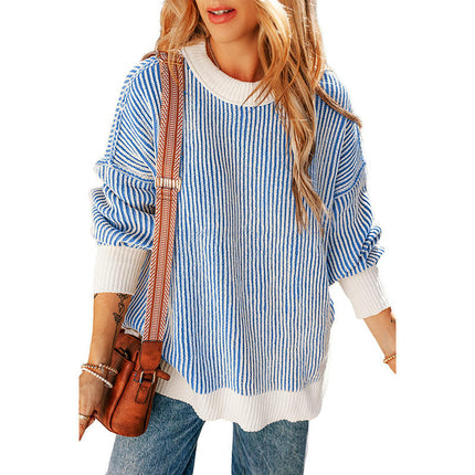 Women's Striped Contrast Color Warm Sweater Loose Long Sleeve Pullover Cardigan