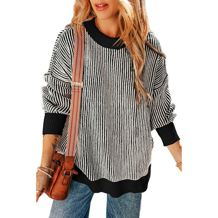 Women's Striped Contrast Color Warm Sweater Loose Long Sleeve Pullover Cardigan